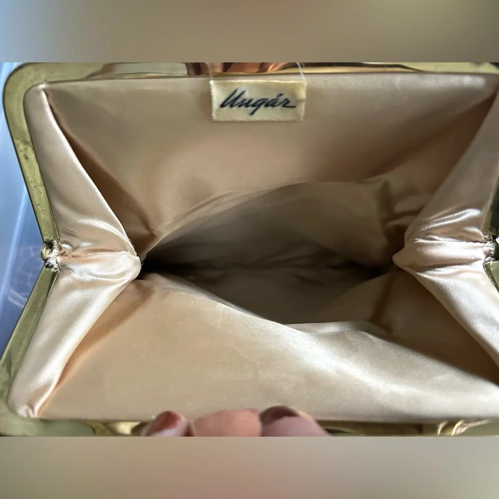 Vintage Unger Burgundy Satin Kiss Lock Clutch w/ Chain Strap - Picture 5 of 9